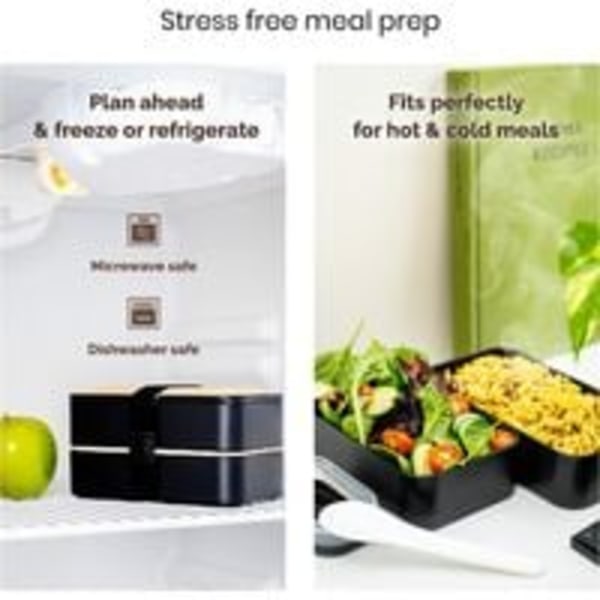 Lunchbox Svart | Japansk Design Bento med 3 Fack | Bambubentobox med 2 Tätt Slutande Fack 1200 ML | Mikrovågsugn & Diskmaskinssäker | Trälunchbox