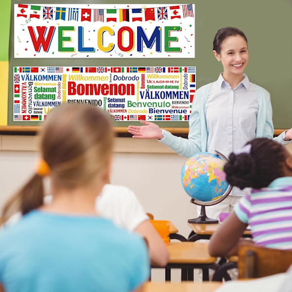 Pack International Welcome Banner, 13,8 x 43,3 tum, Världsflagg Banner, Dekorationstillbehör för sportevenemang, klubbar, fester (vit)