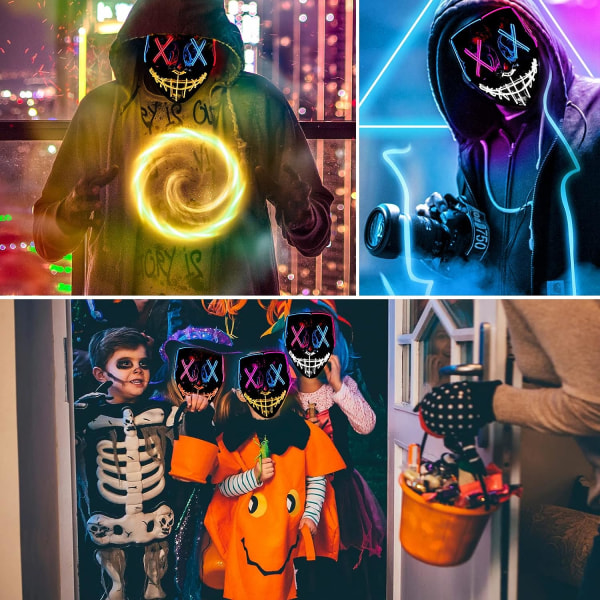 YEHUARIS Halloween-mask, 3-färgs rensnings LED-ljusmask för vuxna män, kvinnor, barn, skrämmande glödmask med 4 ljuslägen Purple+blue+orange