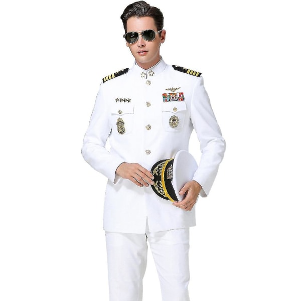 Amerika White Sailor Uniform Set Män Bröllop Årsmöte Kväll Hatt Kappa Byxor och tillbehör Navy Guard Säkerhet Arbetskläder