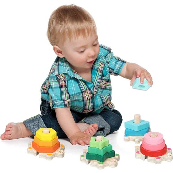 Montessori Leksaker 1 År, Målade Träpussel för Bebisar, Sorterings- och Staplingsklossar Lärleksaker 2 År