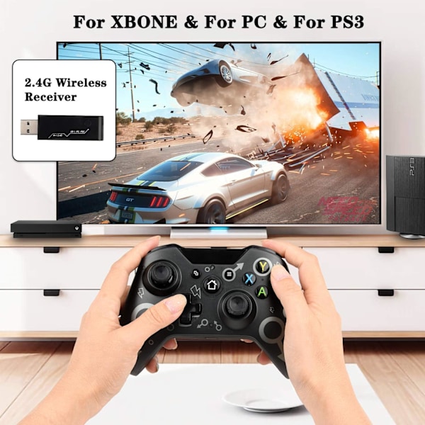 Trådløs Controller til Xbox One, Xbox Controller med 2.4 GHz Trådløs Adapter, Xbox One X/Xbox One S/PS3 og PC (Sort)