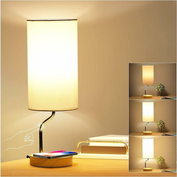 Kosketus yöpöytälamppu 5W langattomalla laturilla - 3 kirkkaustasoa, USB-portti, beige