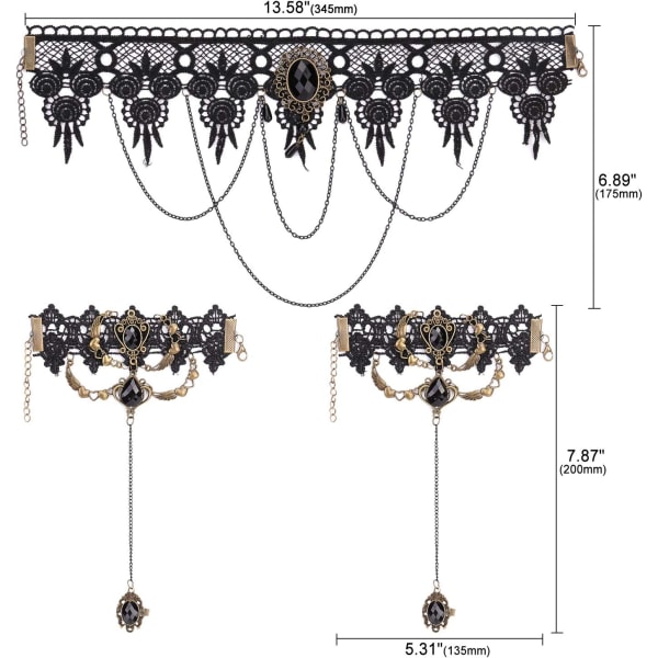 Sort blondekrave gotisk tatoverSLINgskrave Halskæde Armbåndssæt Halloween kostSLYMe Festtilbehør