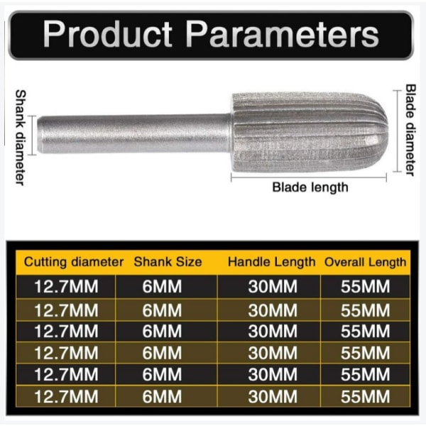 6-pack 6 mm dubbelskurna volfram-roterande grader Tungsten skaft Fil-/gravyr-/slipbitar för roterande verktyg
