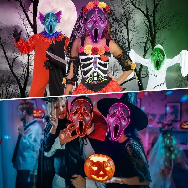 YEHUARIS Halloween-maske, Purge LED Light Up Mask til voksne mænd, kvinder, børn, skræmmende glødmaske med 4 lystilstande White