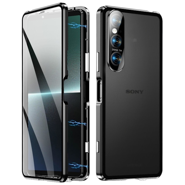 Suojakotelo Sony Xperia 1 VI -puhelimelle - Kirkas karkaistu lasi + metalli + PC-takakuori magneettikiinnityksellä - Musta