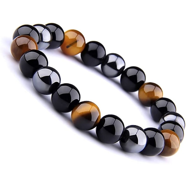 Naturliga Stenar Trippel Skyddsarmband, 10 mm Tigeröga, Hematit & Svart Obsidian, Helande Kristaller För Inre Styrka, Elastiskt