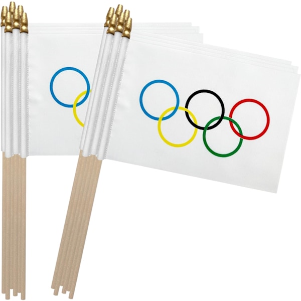 Liten olympisk flagga med träpinne handvevad flagga för olympiska spel festparader trädgårdsbar dekoration (30 stycken)