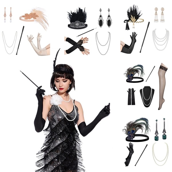 1920'er Flapper Kostume Pandebånd Halskæde Handsker Armbånd Gatsby MF Onesize FF F One size