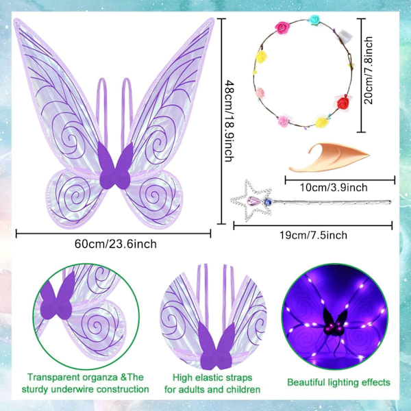 Glitrende fevinger til voksne, LED-pandebånd til temafester Stjerne Lilla{sl} Star purple Star purple