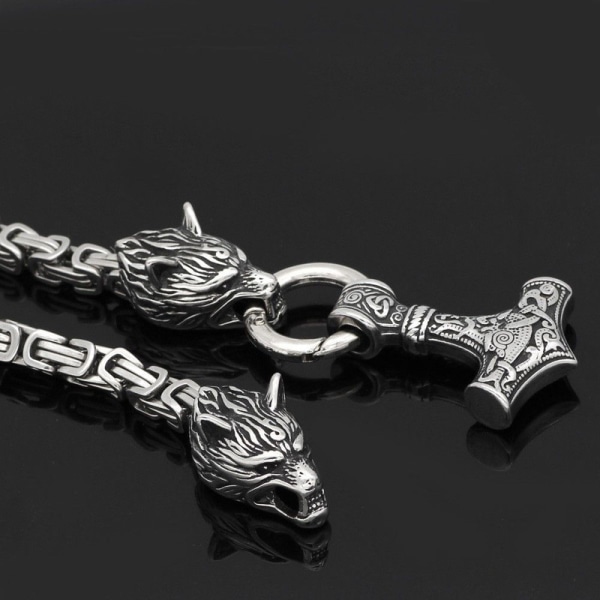 Bysantinskt kedjehängande Thors hammare i rostfritt stål Wolf Viking smycken 70cm