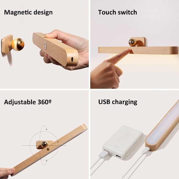 Dimbar LED-vägglampa med touch-brytare och batteri, Trävägglampa, 4W, USB-laddningsbar skåplampa - WELLNGS