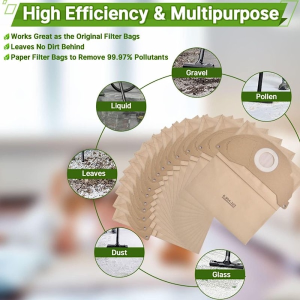10-pack dammsugarpåsar för Kärcher A2004/ A2054 / WD2250/ MV2/ WD2