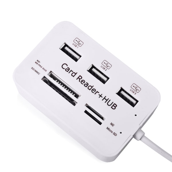 USB 2.0 Minneskortsläsare + USB Hub (Höghastighet) Vit