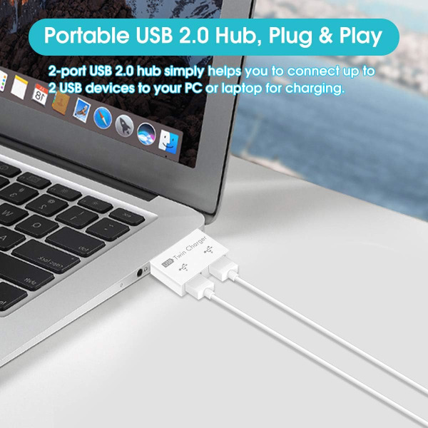 USB 2.0 2-port, bærbar USB-hub med 2 porte, han til dobbelt USB-hunadapter til