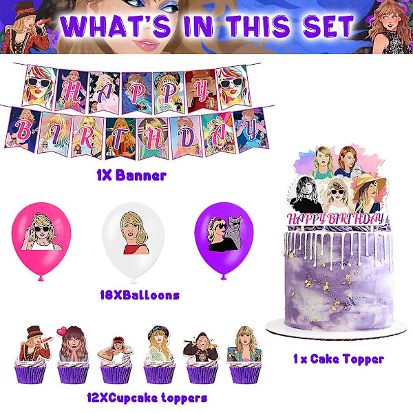 Taylor Swift -teemajuhlatarvikkeet, koristeet, ilmapallot, kakunkoriste, bannerit, setti