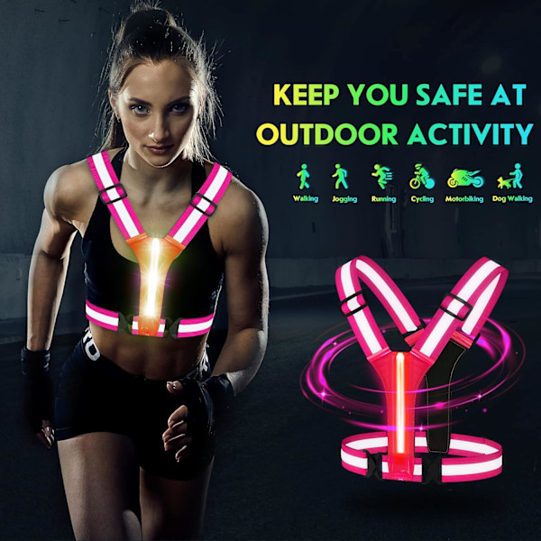 LED refleksvest, USB genopladelig, justerbar talje/skulder - Pink