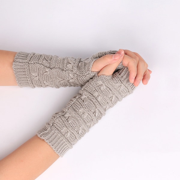 a pair of women's winter warm knitted long fingerless gloves Christmas gloves arm warmer gloves wrist mittens Light gray