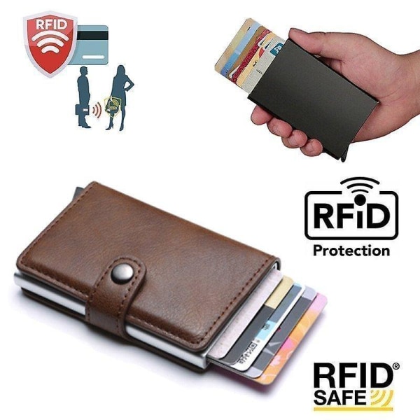 PopUp Smart korthållare skjuter Fram 8st Kort RFID-NFC Säker- Brun