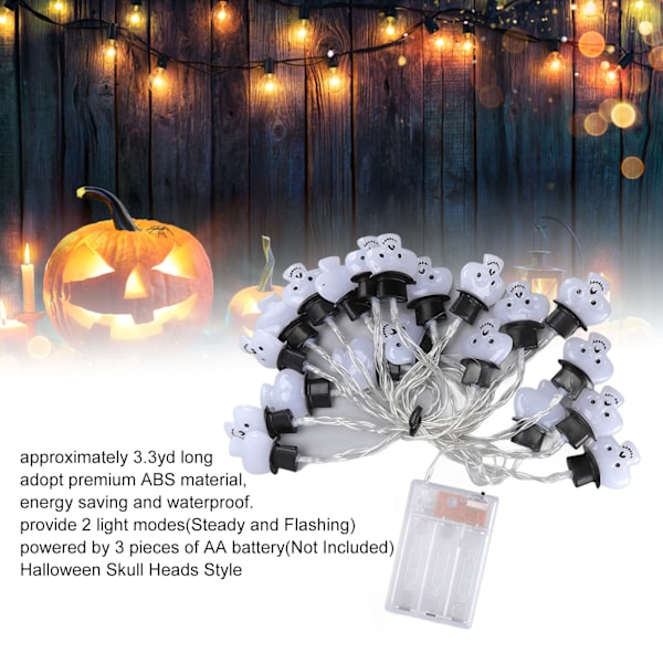 Kraniesnor String Lights 3,3 meter lang 2 lystilstande 20 LED'er Kranie-stil Batteridrevet Halloween String Lights