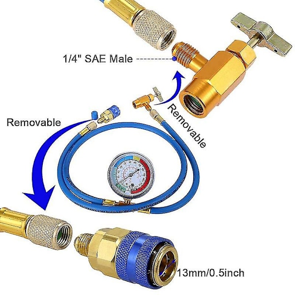 R134a-laddningsslang till kylskåp – med konditioneringsmätare – R134a-köldmedium kan anslutas till R-12/r-2
