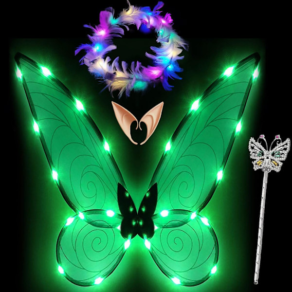 Glitrende fevinger til voksne, LED-pandebånd og tryllestave til børnefester Dragonfly green Dragonfly green