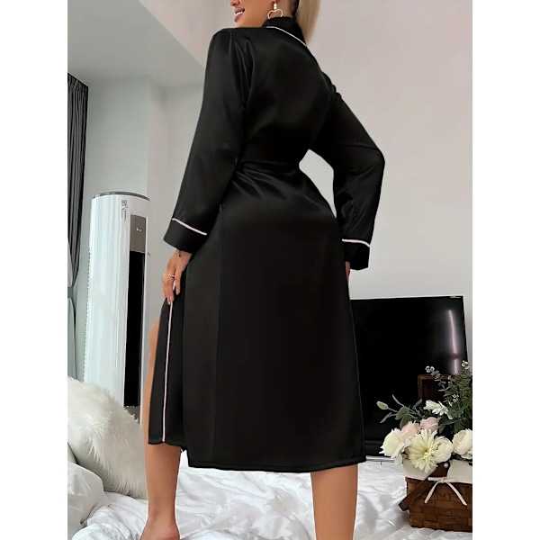 Satin Nattskjorta, Elegant Långärmad V-ringad Klänning Med Bälte, Dam Sovkläder svart black XL