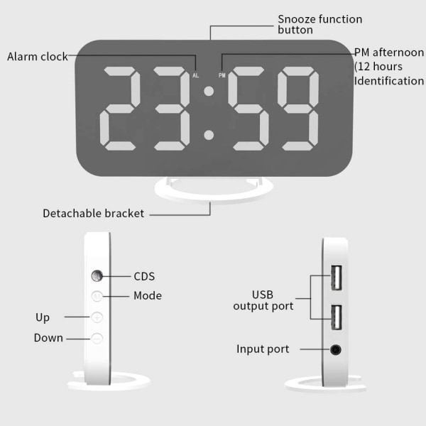 Klocka med spegel, dimbar väckarklocka, USB-port, blå