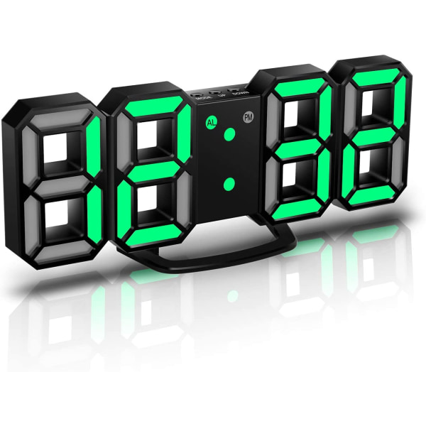 3D LED digital väckarklocka, väggklocka, 3D LED väckarklocka, grön