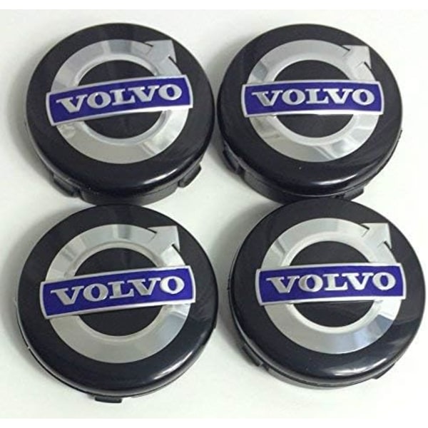 x Volvo alufælge, navkapsler, 64 mm, sort/blå, C70, S60, V60, V70, S80, XC90