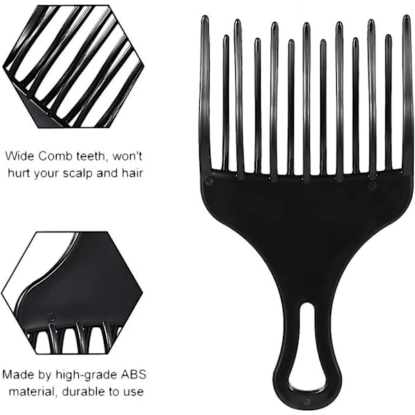 Afro kam, hårkam, bredtandet plastik Afro kam til krøllet hår, stylingværktøj til hårstyling, sort