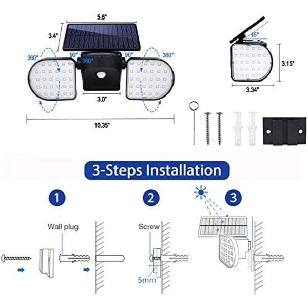 Udendørs solcellelamper, solcelle sikkerhedslamper med bevægelsessensor 56 LED vandtæt solcelledrevet væglampe dobbelt hoved 360° roterbar - 2 pakke