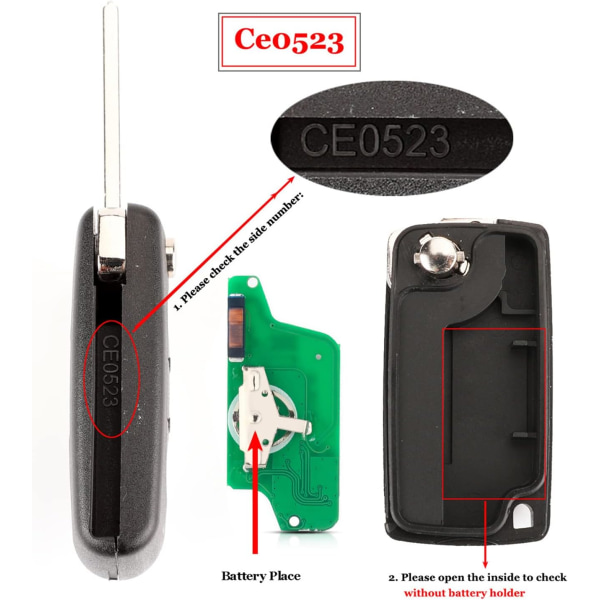 433 MHz 3 knappar vikbar fjärrkontroll bilnyckelbricka ska fodral med PCF7941-chip och HU83-blad för Peugeot Ci-tro-en C2 C3 C4 C5 Berlingo Picasso HU83 Blade och Ce0523 batterihållare