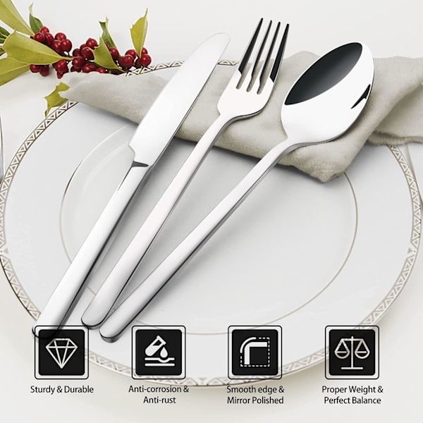 Silverware Set, 20-delars bestickset för 4 personer, rostfritt stål bestick spegelpolerat diskmaskinssäkert (Silver, 20 delar för 4)