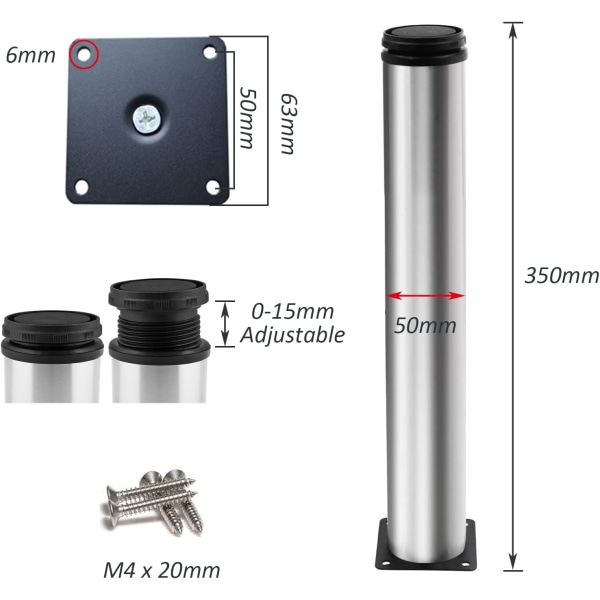 4 justerbara fötter 350 mm höjd tjocka skåpsben bordsben möbelben, borstat rostfritt stål, höjdjusterbar 0-15 mm