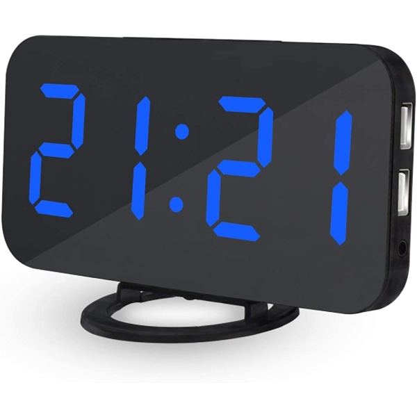 Clock with Vanity Mirror, Dimmable Alarm Clock, USB Port,Blue