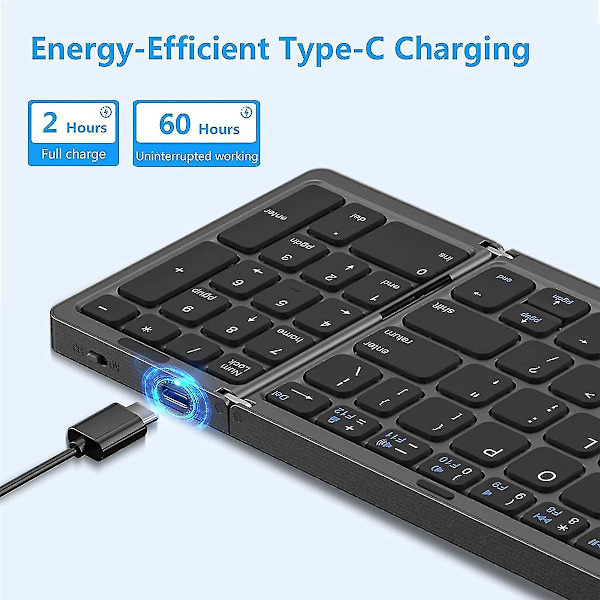 Foldbar Trådløst USB Genopladeligt Tastatur til iOS, Android, Windows PC, Laptop, Smartphone - Sort