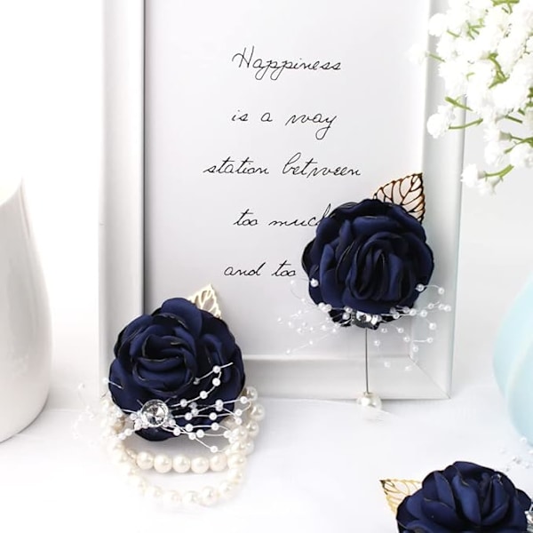 Armbandsros Brudbukett Bröllopsblommor Bal Corsage och Boutonniere Set för Bröllopsfest Bal Brudgum Brud (Marinblå)