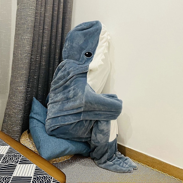Hainpeittohuppari aikuisille - Hai-onesie aikuisille, puettava peitto - Hainpeitto, superpehmeä ja mukava flanellihuppari, hain makuupussi 170cm