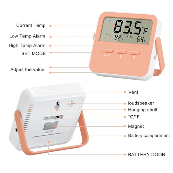 Fryslarms 2 st Digital Kylskåpstermometer Larm Fryslarm Termometerlarm Hög Låg Temperaturlarm Extra Sensor