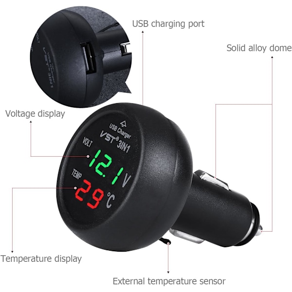 12-24 V biloplader med USB-port/voltmeter/termometer til biler (grøn + rød)