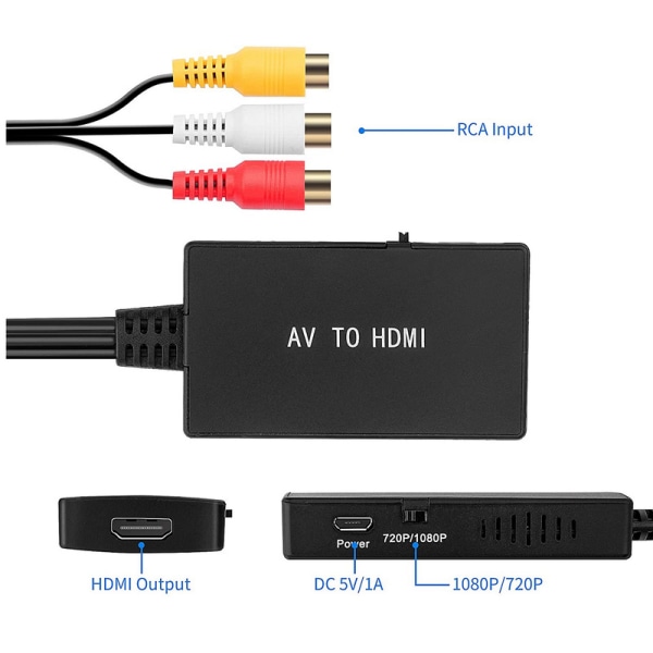 RCA til HDMI-konverter, Komposit til HDMI-adapter Støtte 1080p Pal/ntsc A Fiis null null none