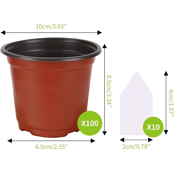 100 st Plastblomkrukor, 10 cm Plastblomkrukor med Etiketter Växter Plantskola Blomkruka