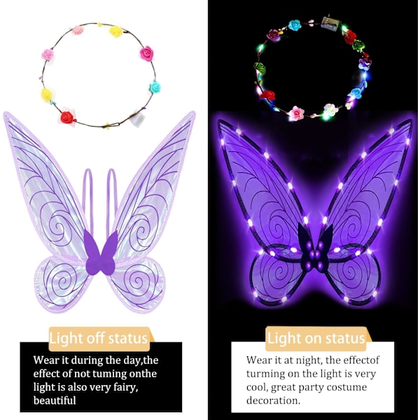 Glittrande älvvingar för vuxna, LED-diadem för temafester Stjärnlila{sl} Star purple Star purple