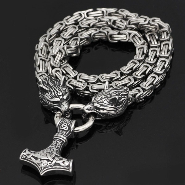 Bysantinskt kedjehängande Thors hammare i rostfritt stål Wolf Viking smycken 50 cm