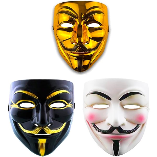 3-pack masker – Vuxen Halloween-kostym i guld, vitt och svart | Hacker-outfit för vänner