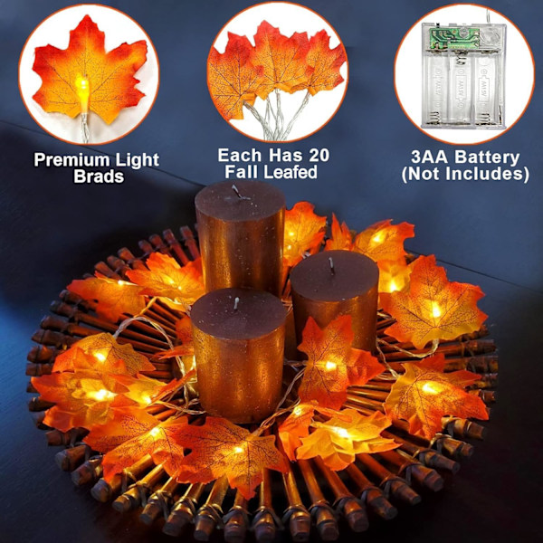 2-pack Höstdekoration Förstorad Lönnlöv Halloween Höstdekorationer för Hemmet Höstlampor Tjocka Löv Girlander, Totalt 20 fot 40 LED Batteridriven