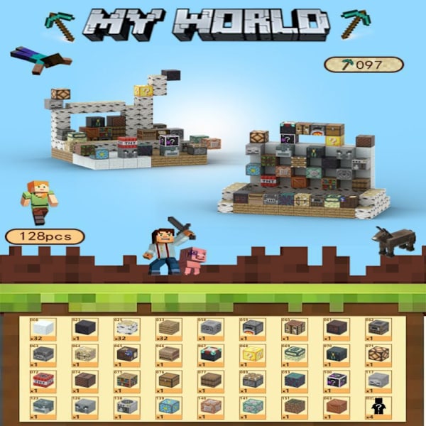 Minecraft byggeklodser, inklusive 128 seks-sidede magnetiske legetøj med 4 figurer, Workshop{sl} Tool Shop