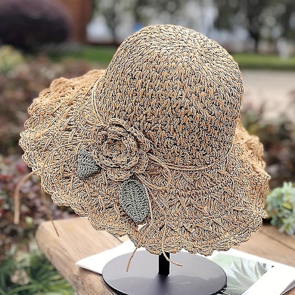 Elegant Hæklet Stråhat med Flæsedetalje Dame Sommer Strand Stråhat Khaki color m